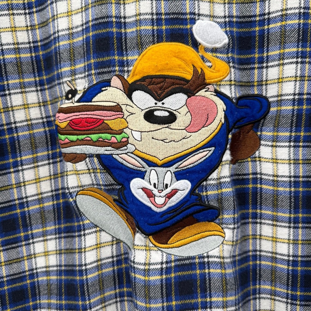 Vintage Warner Bros Tazmanian Devil Taz Flannel‎ Nightgown Blue Plaid Size S/M - Picture 3 of 7